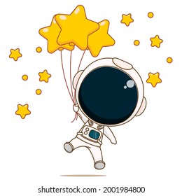 Cartoon illustration of cute astronaut character floating with stars balloon