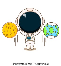 Cartoon illustration of cute astronaut character lifting weight