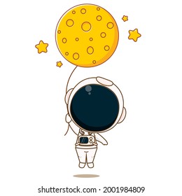 Cartoon illustration of cute astronaut character floating with moon