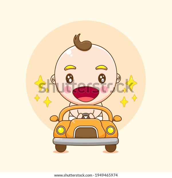 Cartoon illustration of cute baby boy character\
driving a car