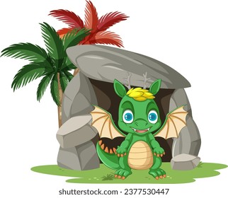 A cartoon illustration of a cute baby dragon standing in front of a cave