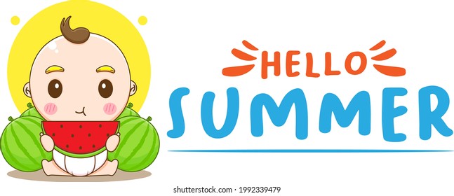 Cartoon Illustration of Cute Baby Enjoying Watermelon