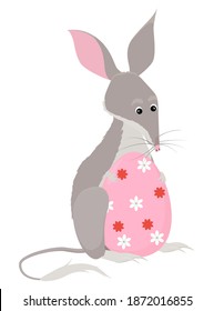 Cartoon illustration of cute bilby mascot holding big pink Easter egg, little bandicoot Australian holiday symbol for greeting cards and posters isolated on white background