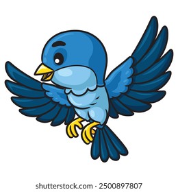 Cartoon illustration of cute blue bird flying.