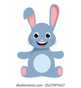 Cartoon illustration of a cute blue bunny rabbit smiling and sitting down