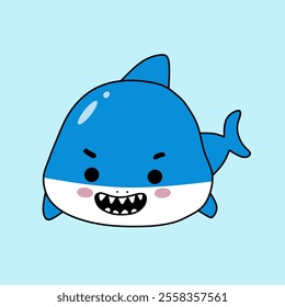 A cartoon illustration of a cute, blue shark with a mischievous grin, set against a light blue background.