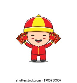 cartoon illustration of cute boy celebrating chinese new year day