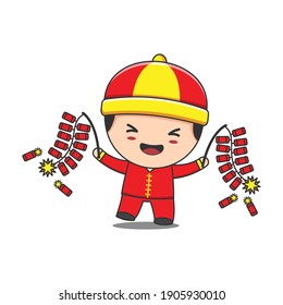 cartoon illustration of cute boy celebrating chinese new year day