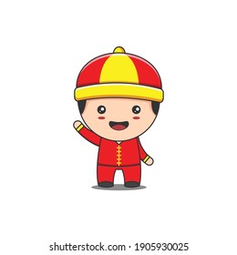 cartoon illustration of cute boy celebrating chinese new year day