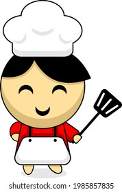 cartoon illustration of cute boy chef mascot character holding a spatula