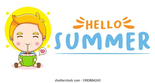 Cartoon illustration of cute boy drinking coconut with summer greeting banner