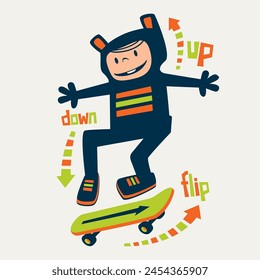 cartoon illustration of cute boy skateboarding