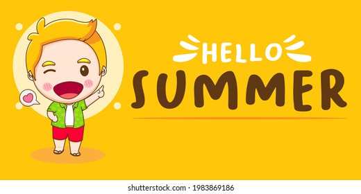 Cartoon illustration of cute boy with summer greeting banner