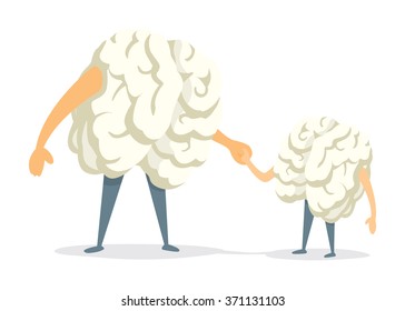 Cartoon illustration of cute brain father and son holding hands