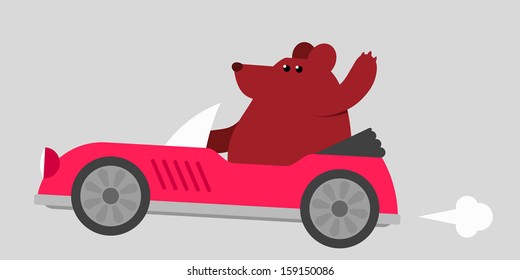 Cartoon illustration of a cute brown bear driving a red sports car at speed waving with his paw as he passes with a puff of smoke front the exhaust