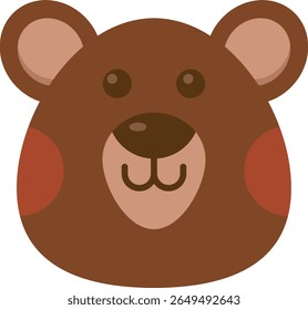 Cartoon illustration of a cute brown bear face with round ears, dark eyes, red cheeks, and a friendly expression in a minimalist, child-friendly style.