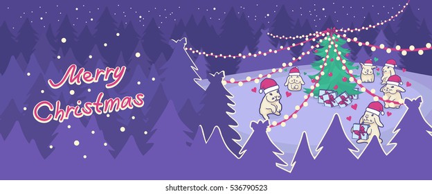 Cartoon illustration of cute bunnies in Santa Claus hats celebrating Christmas in the forest. Violet colors. Pop-under banner. Vector clip-art.