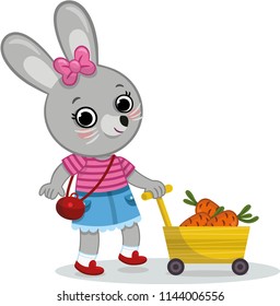 Cartoon illustration of a cute bunny with a carrot wheelbarrow. Vector illustration.
