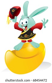 Cartoon illustration of a cute bunny wearing a traditional Chinese outfit posing happily on top of a gold ingot.