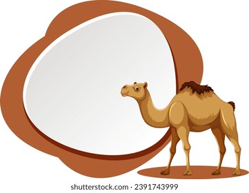 A cartoon illustration of a cute camel walking banner