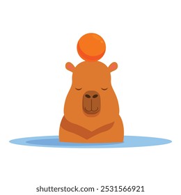 Ilustración de dibujos animados de un bonito capibara relajándose en el agua con una naranja en la cabeza, perfecto para diseños relacionados con la vida silvestre, la naturaleza y la relajación