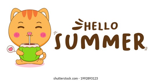 Cartoon illustration of cute cat drink coconut with summer greeting banner