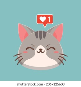 Cartoon illustration of cute cat face with love icon. Vector illustration of cute cat