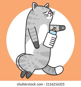 cartoon illustration of cute cat sleeping with a milk bottle