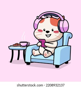 Cartoon illustration of cute cat wear a headphone sitting in the chair while playing with a smartphone and listening music