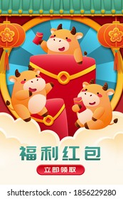 Cartoon illustration of cute cattle playing around large red envelopes, concept of year of the ox, Translation: Red envelope giveaways, Get one now