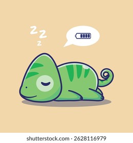 Cartoon illustration of a cute chameleon sleeping with a low battery icon suitable for use in design related to exhaustion,rest or low energy 
