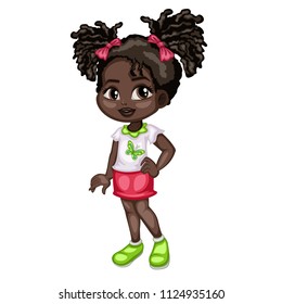 Cartoon Illustration of a Cute Cheerful  African American Girl Wearing Beautiful Dress. Little Kid Cartoon. Happy Female Character  Isolated on White Background