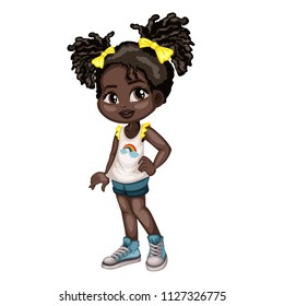 Cartoon Illustration of a Cute Cheerful  African American Girl Wearing  Shorts and Sport Shoes. Little Kid Cartoon. Happy Female Character Isolated on White Background