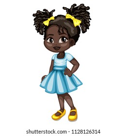 Cartoon Illustration of a Cute Cheerful  African American Girl Wearing Beautiful Dress. Little Kid Cartoon. Happy Female Character Isolated on White Background