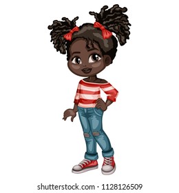 Cartoon Illustration of a Cute Cheerful  African American Girl Wearing Jeans and Sport Shoes. Little Kid Cartoon. Happy Female Character Isolated on White Background