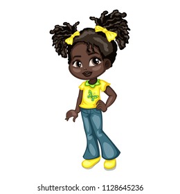 Cartoon Illustration of a Cute Cheerful  African American Girl Wearing Jeans and Sport Shoes. Little Kid Cartoon. Happy Female Character Isolated on White Background