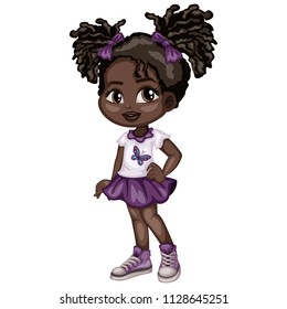 Cartoon Illustration of a Cute Cheerful  African American Girl Wearing Beautiful Dress. Little Kid Cartoon. Happy Female Character  Isolated on White Background