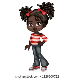 Cartoon Illustration of a Cute Cheerful  African American Girl Wearing Jeans and Sport Shoes. Little Kid Cartoon. Happy Female Character Isolated on White Background