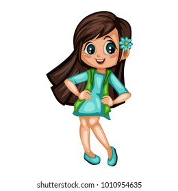 Cartoon Illustration of a Cute Cheerful Girl. Kid Cartoon. Happy Female Character