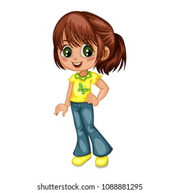Cartoon Illustration of a Cute Cheerful Girl Wearing Jeans and Sport Shoes. Little Kid Cartoon. Happy Female Character Isolated on White Background