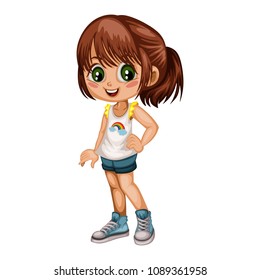 Cartoon Illustration of a Cute Cheerful Girl Wearing Shorts and Sport Shoes. Little Kid Cartoon. Happy Female Character  Isolated on White Background