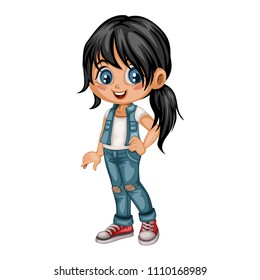 Cartoon Illustration of a Cute Cheerful Girl Wearing Jeans and Sport Shoes. Little Kid Cartoon. Happy Female Character Isolated on White Background