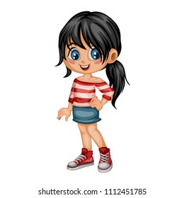 Cartoon Illustration of a Cute Cheerful Girl Wearing Skirt and Shirt. Little Kid Cartoon. Happy Female Character Isolated on White Background
