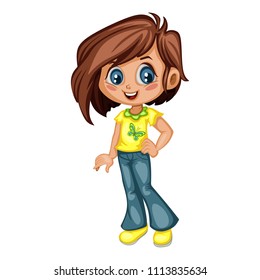 Cartoon Illustration of a Cute Cheerful Girl Wearing Jeans and Sport Shoes. Little Kid Cartoon. Happy Female Character Isolated on White Background