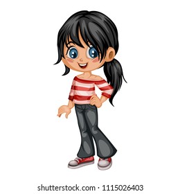 Cartoon Illustration of a Cute Cheerful Girl Wearing Jeans and Sport Shoes. Little Kid Cartoon. Happy Female Character Isolated on White Background