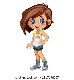 Cartoon Illustration of a Cute Cheerful Girl Wearing  Shorts and Sport Shoes. Little Kid Cartoon. Happy Female Character Isolated on White Background