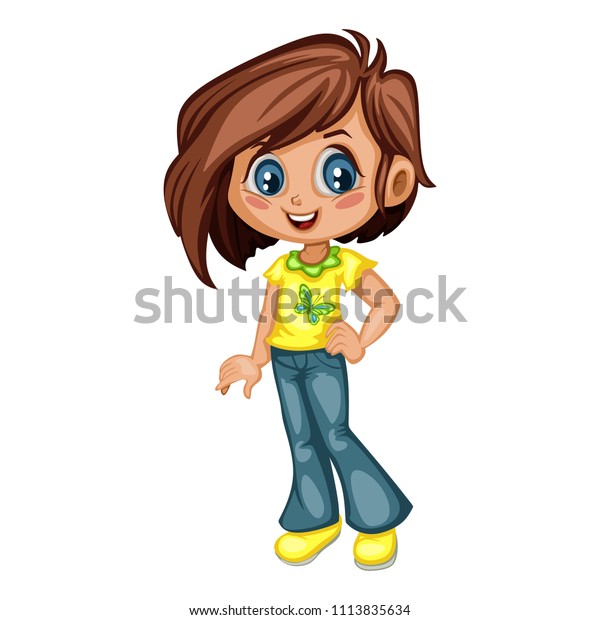 Cartoon Illustration of a Cute Cheerful Girl Wearing Jeans and Sport