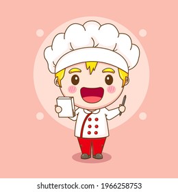 cartoon illustration of cute chef character with note and pen