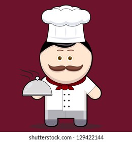 Cartoon illustration cute chef holding a metal food platter(cute character man with mustache collection)