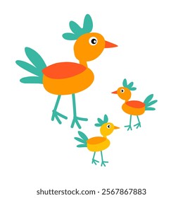 Cartoon illustration of a cute chicken and its chicks